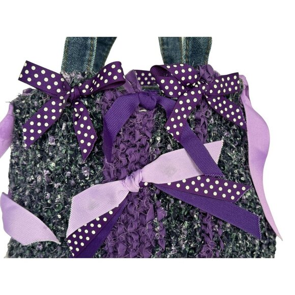 Handcrafted Purple & Denim Ribbon Bow Crochet Handbag Mini Tote OOAK - Picture 2 of 7